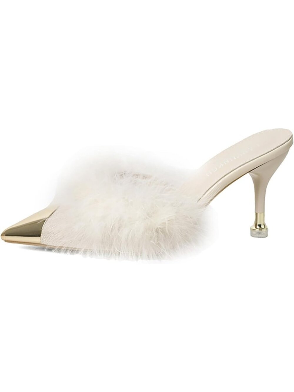 Women's White Fluffy Feather High Heel Mules Slip-On Comfortable Pinted